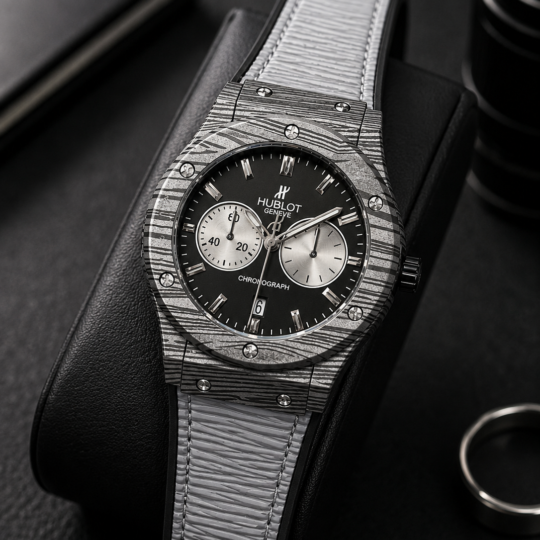 Hublot Classic Fusion Chronograph (Damascus Pattern / White-Grey Strap)
